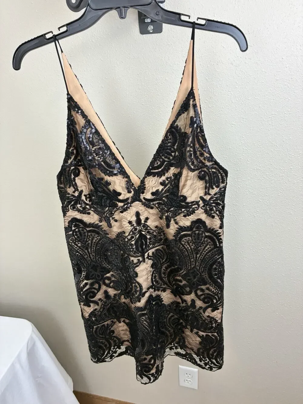 Free People Night Shimmers Sequin Mini Dress - Black Lace & Nude Slip Size 8